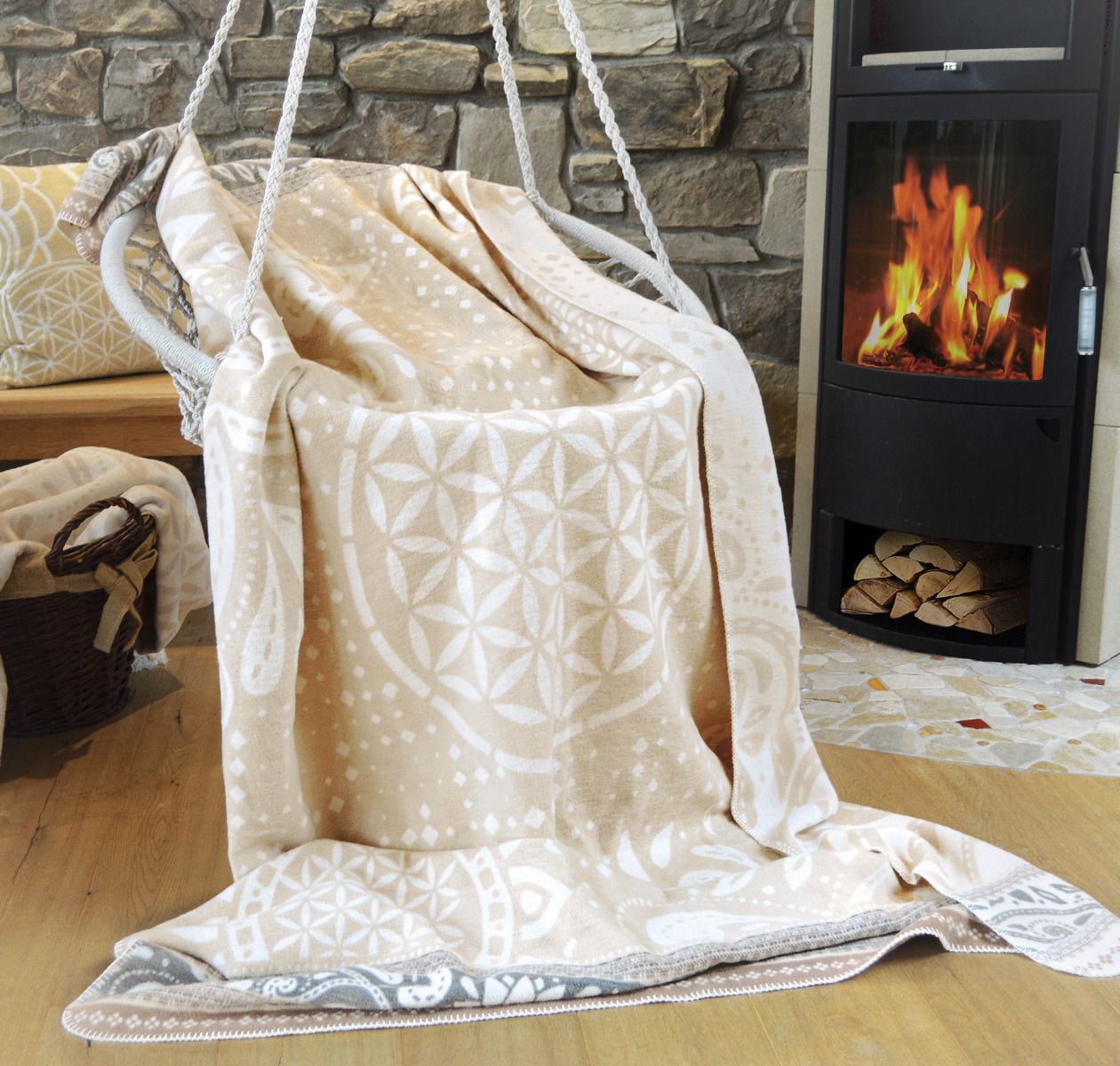 Einheitsgröße - flauschige Plaid Decke Blume des Lebens - nature/beige