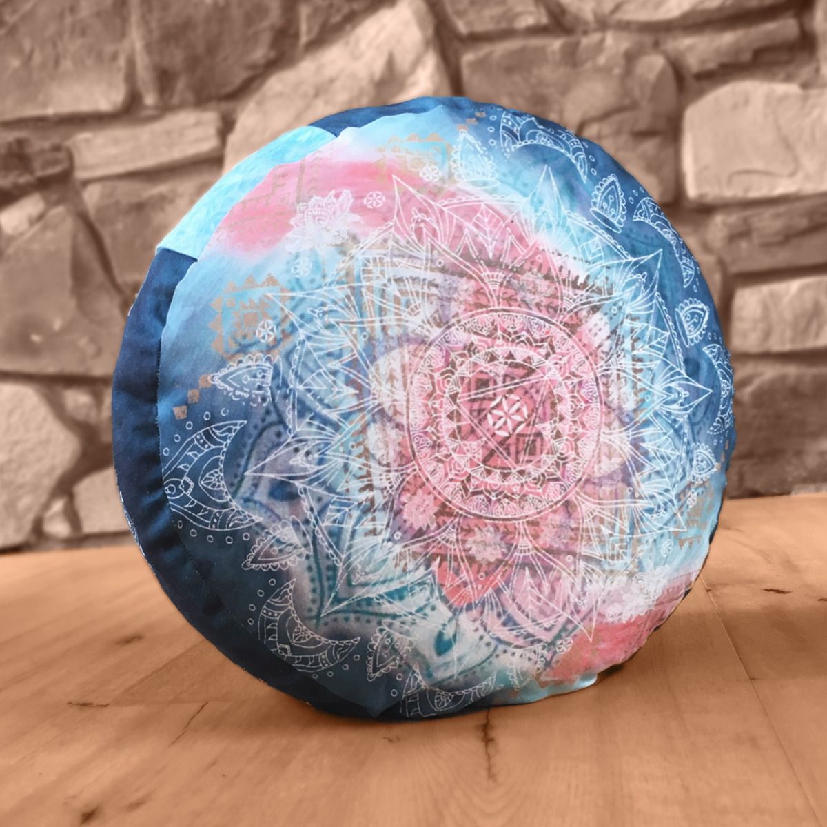 38x17 cm - rundes Meditationskissen gefüllt mit Bio Dinkel - indigo/peach