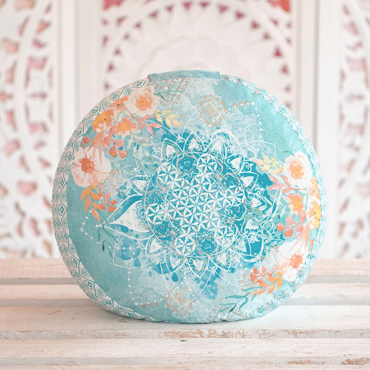 38x17 cm - rundes Meditationskissen gefüllt mit Bio Dinkel - jade/orange