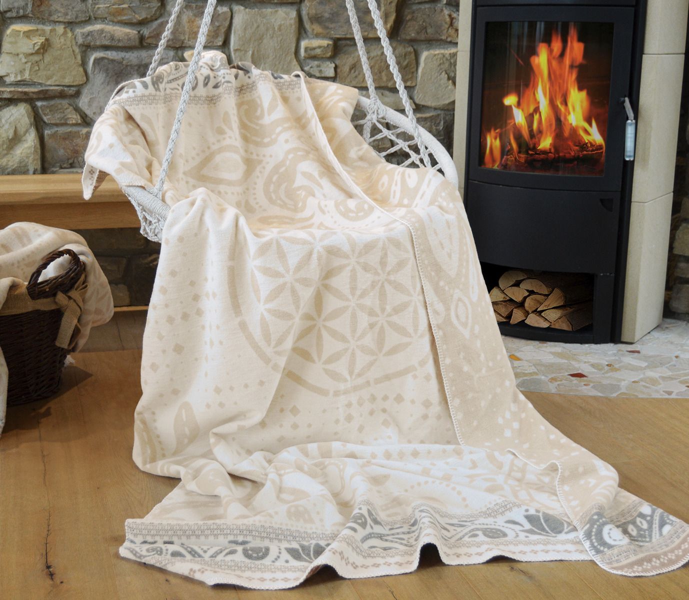 Einheitsgröße - flauschige Plaid Decke Blume des Lebens - nature/beige