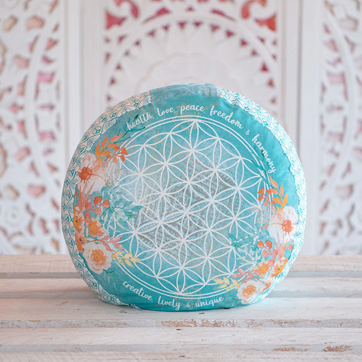 38x17 cm - rundes Meditationskissen gefüllt mit Bio Dinkel - jade/orange