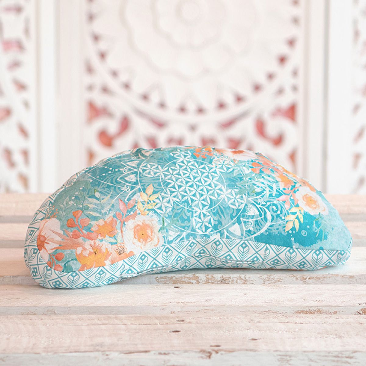 38x15 cm - Halbmond Meditationskissen gefüllt mit Bio Dinkel - jade/orange