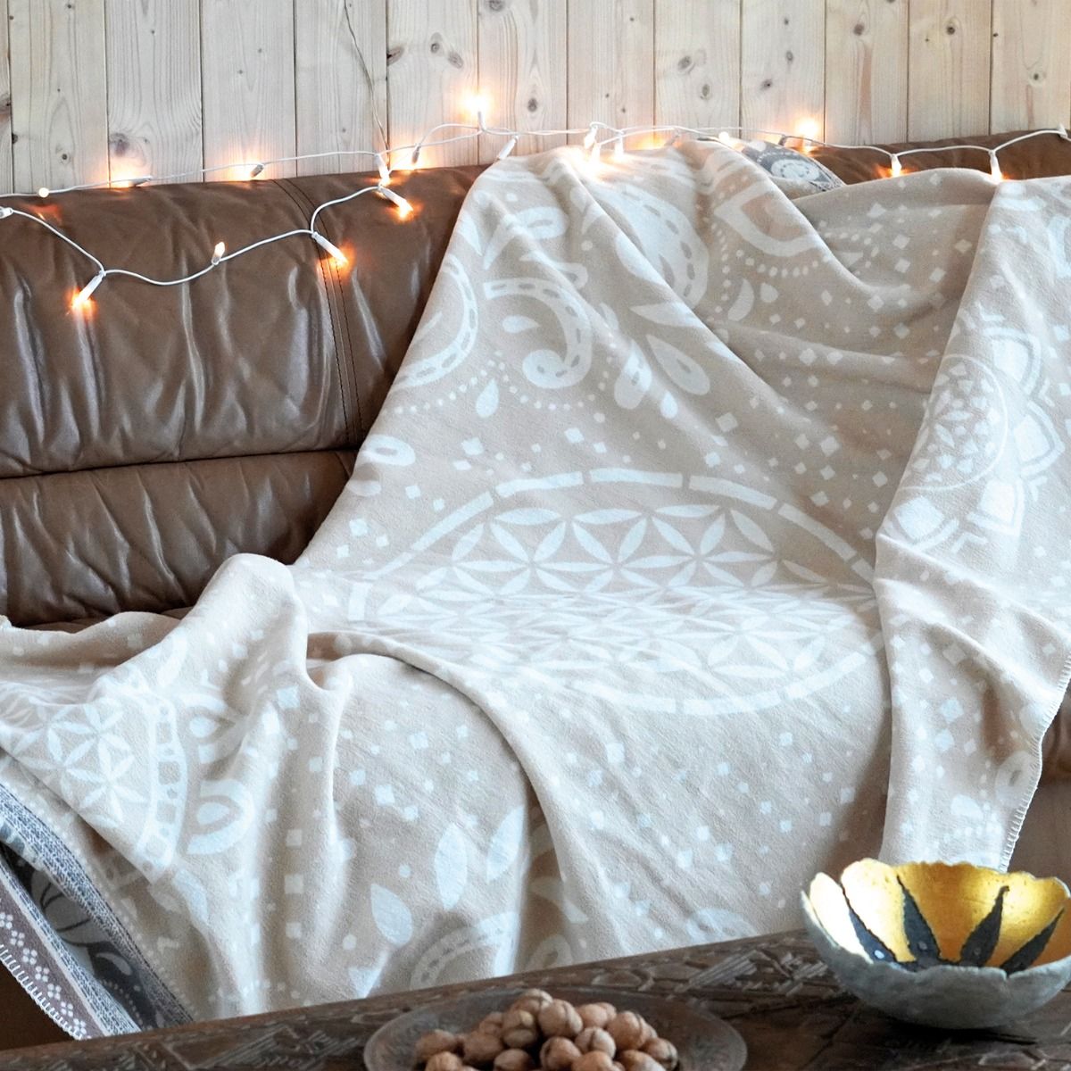 Einheitsgröße - flauschige Plaid Decke Blume des Lebens - nature/beige