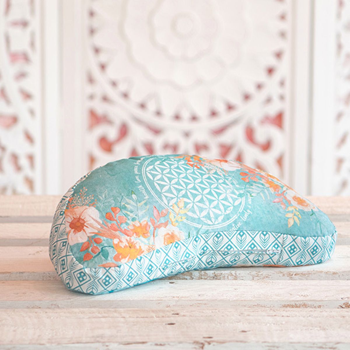 38x15 cm - Halbmond Meditationskissen gefüllt mit Bio Dinkel - jade/orange