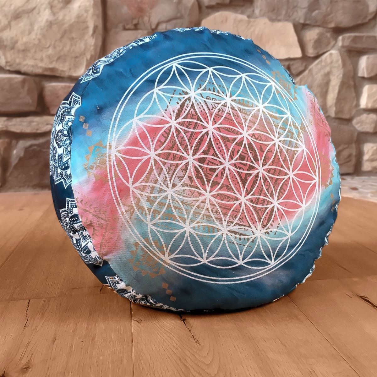 38x17 cm - rundes Meditationskissen gefüllt mit Bio Dinkel - indigo/peach